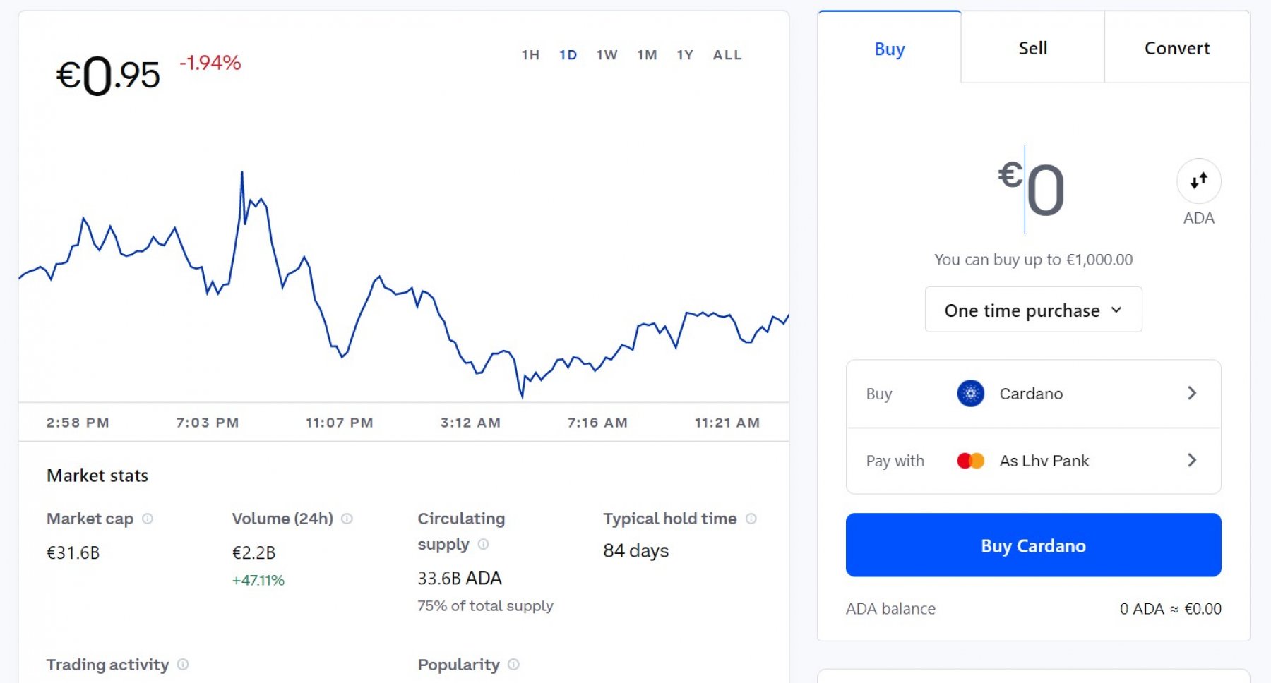 Trading screen on Coinbase