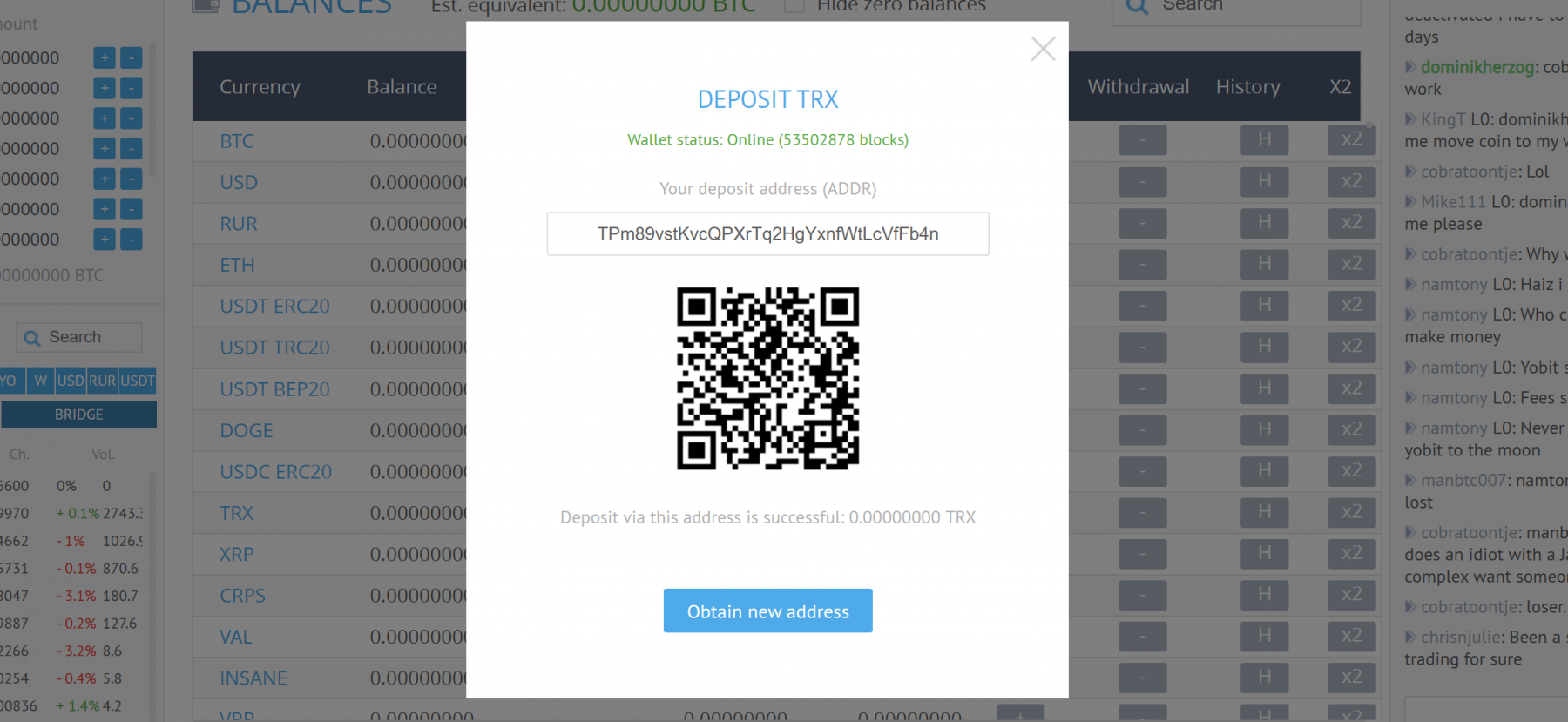 Depositing in Yobit