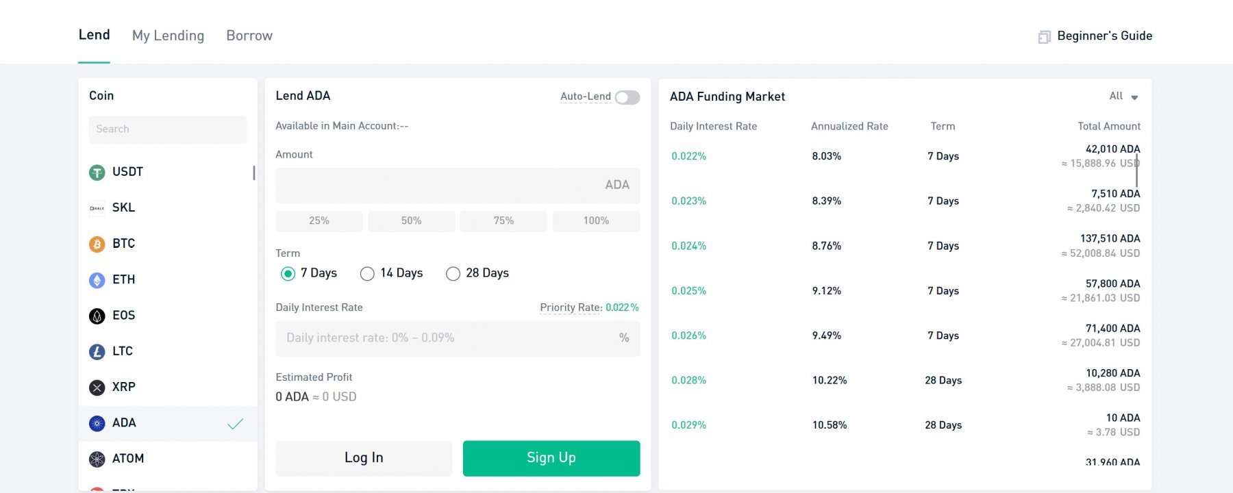 Lending page in kucoin